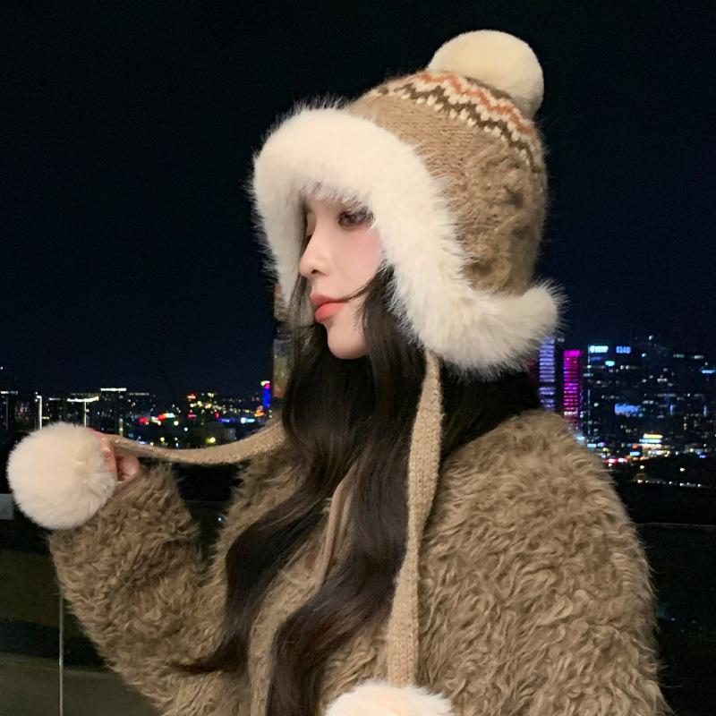 Осенне-зимняя шапка женская милая шапка бини с помпоном защита ушей теплая шапка