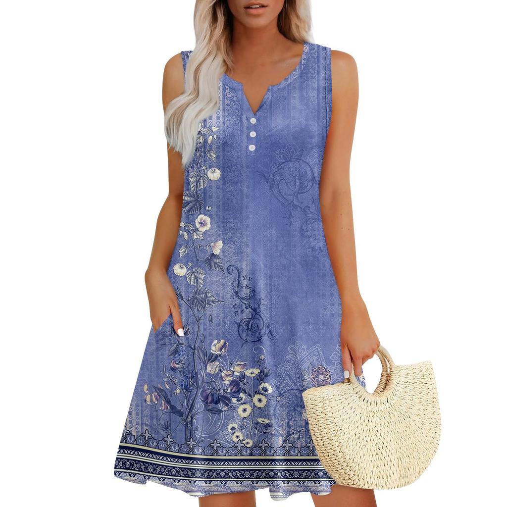 Женские летние платья Свободные сарафаны без рукавов с V-образным вырезом Платье с карманами