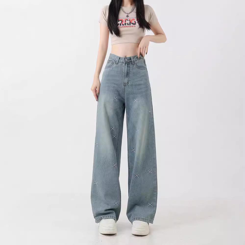 Женские джинсы с широкими штанинами, легкой вышивкой, высокой посадкой - больших размеров, облегающие