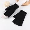 1 Pair Black Half Finger Gloves Women Men Woolen Yarn Knitting Gloves Solid Color Elastic Warm Riding Sport Workout Mittens