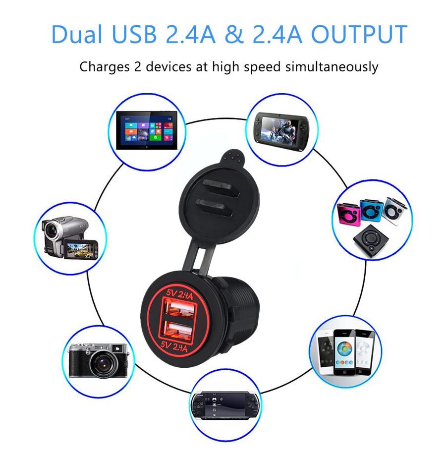 Водонепроницаемый мотоциклетный двойной USB-адаптер-розетка DC12/24V 2.4A 2.4A красный светодиод