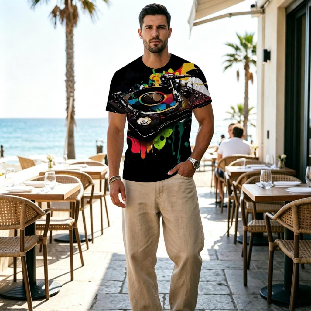 Men's T-Shirt, Trendy Vinyl Record Series, Comfortable Polyester Fabric, Fashionable & Unique Design, Ideal for Casual Gatherings & Daily Wear