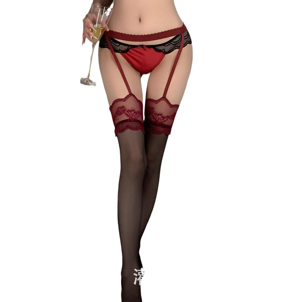 Sexy suspenders integrated socks pure lace stockings women's high thigh socks contrasting color ultra-thin babes sex stockings