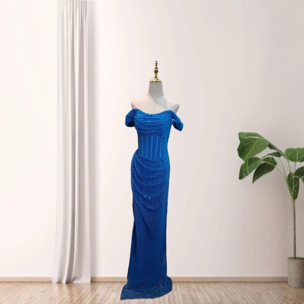 European and American popular sexy one-word shoulder slim-fit hip-wrapped high split party dinner dress