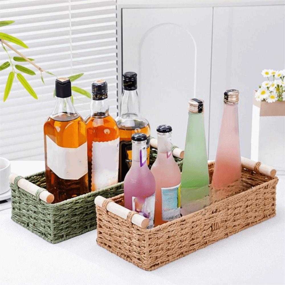 Handwoven Braided Toilet Paper Basket Wood Handle Sundry Storage Basket Snack