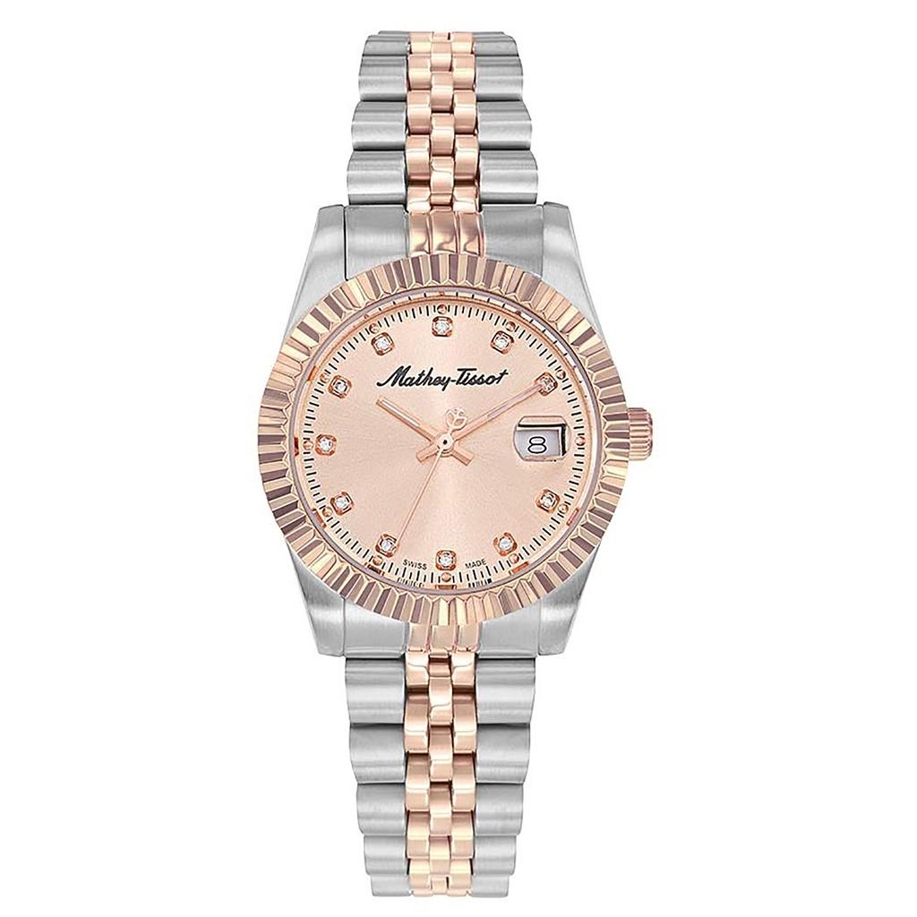 Mathey-Tissot Mathy III Двухцветные кварцевые женские часы из нержавеющей стали с розовым циферблатом D810RSAL