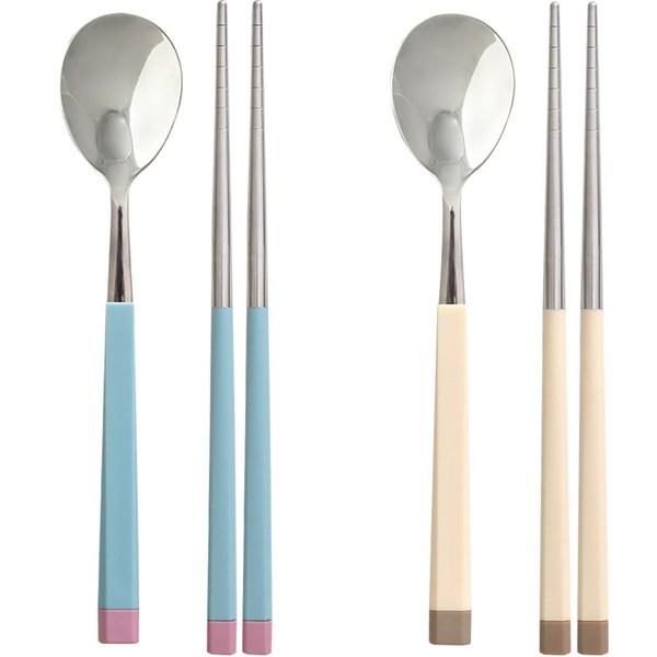 Diyou Sangsang&Stainless Steel Korean Junior Cutlery Set for 2, Blue, Ivory, 2 Types of Spoons + 2 Types of Chopsticks, 1 Set