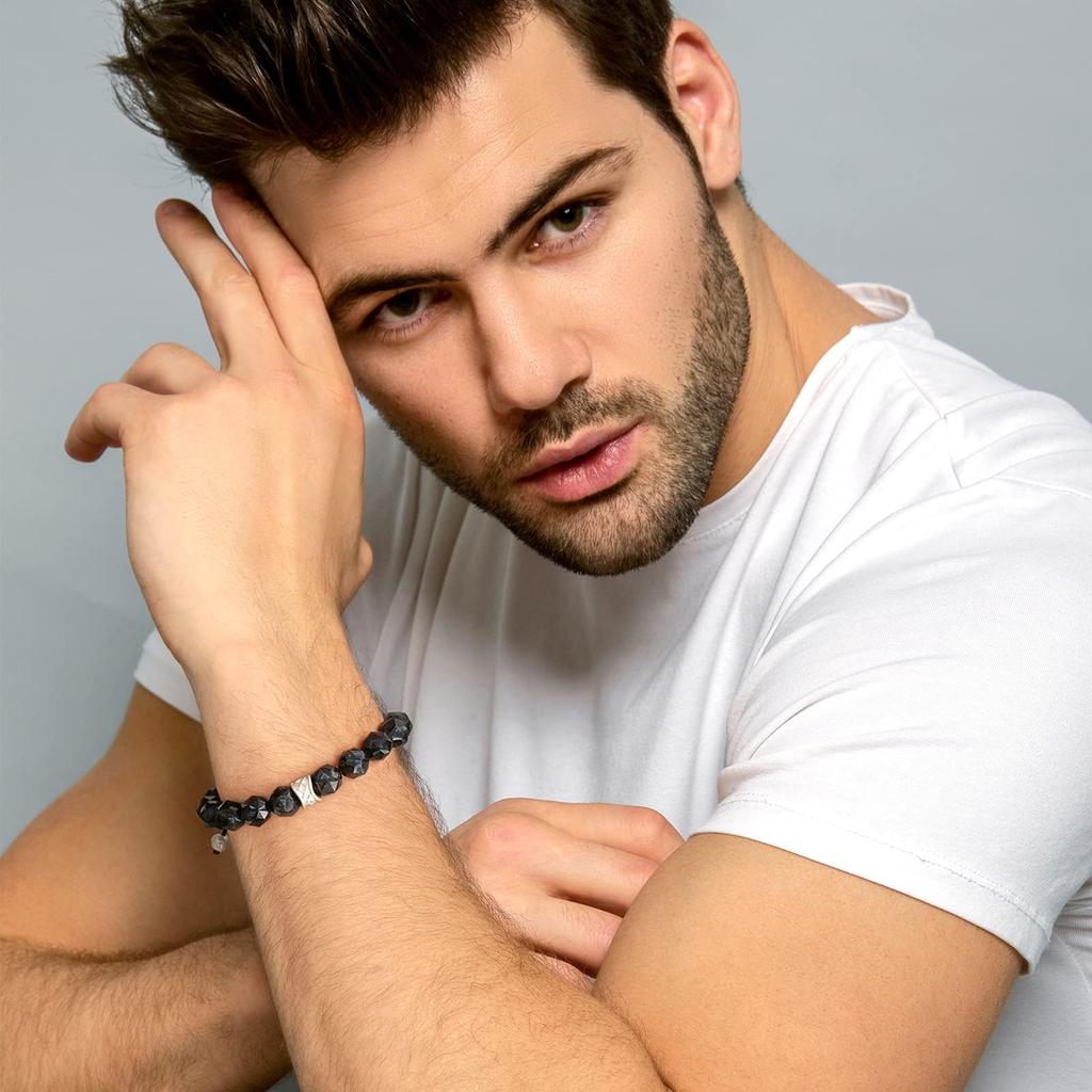 AWNL Braided Black Natural Stone Bracelet with Nuumite Ancient 10mm Men's Stone, Beads, Drawstring, Amulet, 15.5-17cm