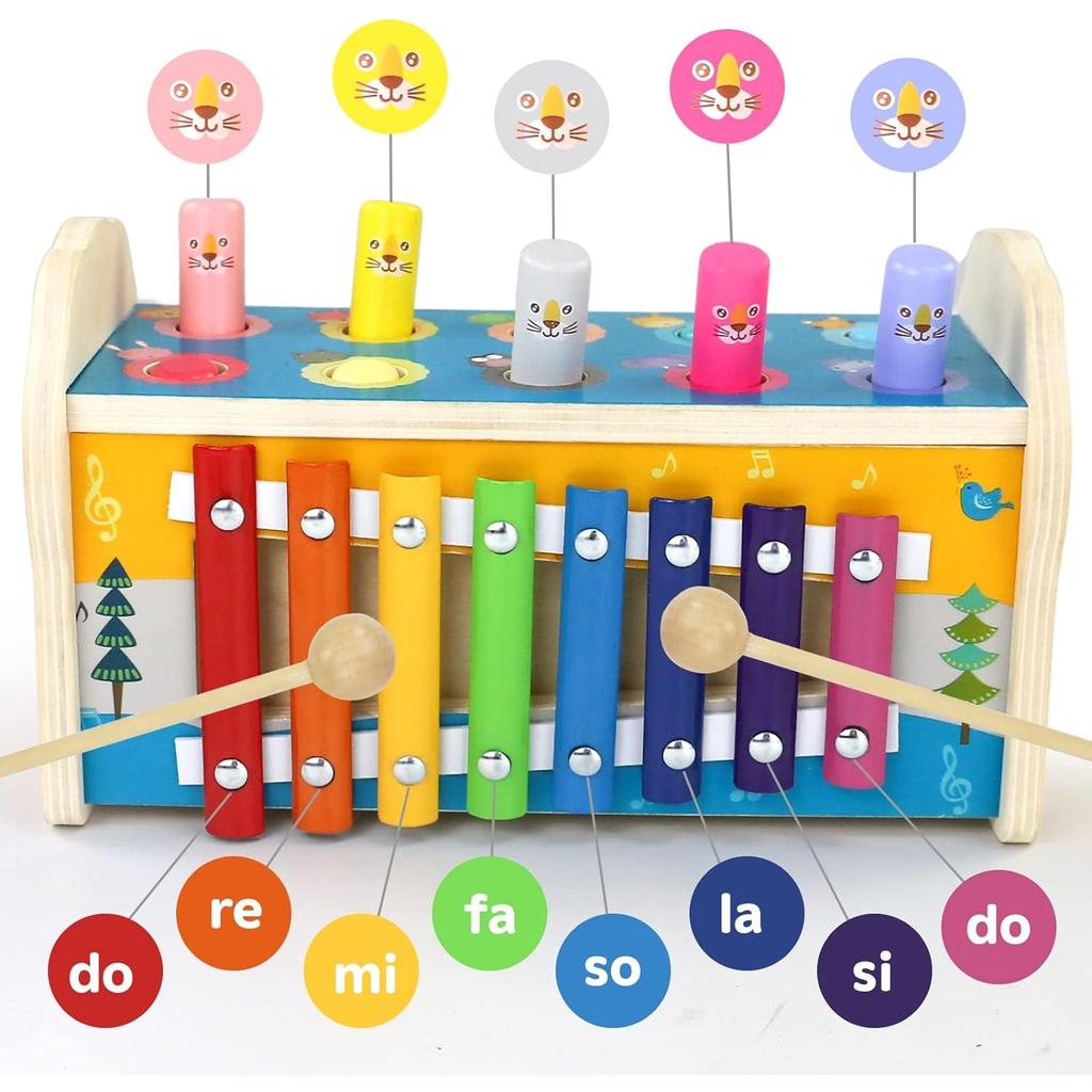 Hammer Game and Xylophone Children's Montessori Toy 4-in-1 Wooden Toy Motor Skills Cube with Knocking Bench Children's Toy Hammer Game for Gift