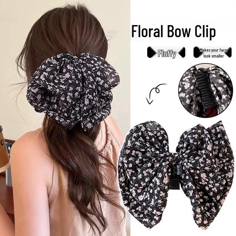 Large Summer Lace Edge Bow Claw Clip Hair Accessory for Women - Multi-Layer Feather Design
