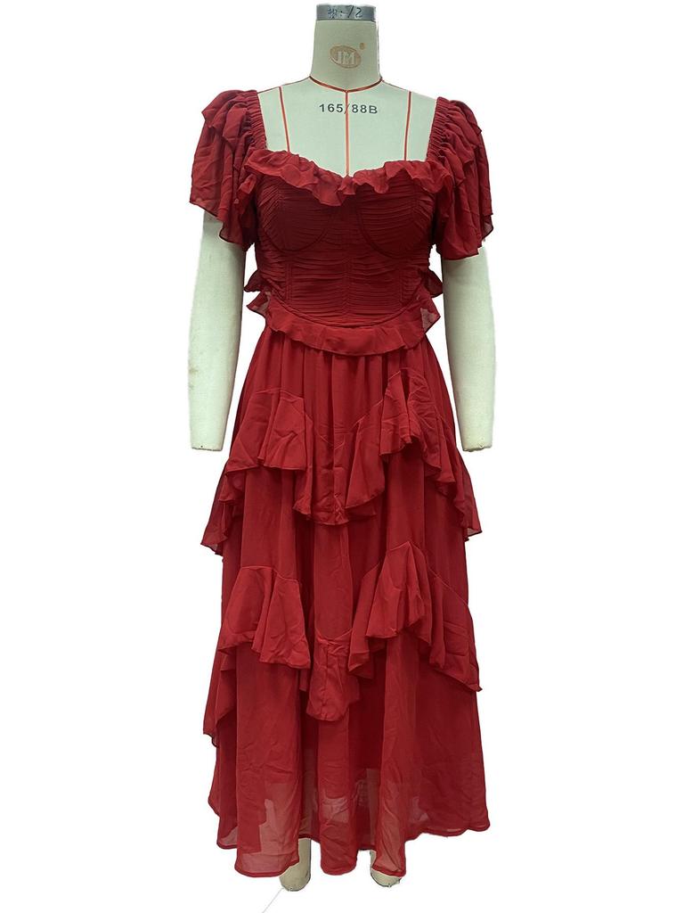 Праздничное платье с открытой спиной и оборками в европейском и американском стиле 2025 г.