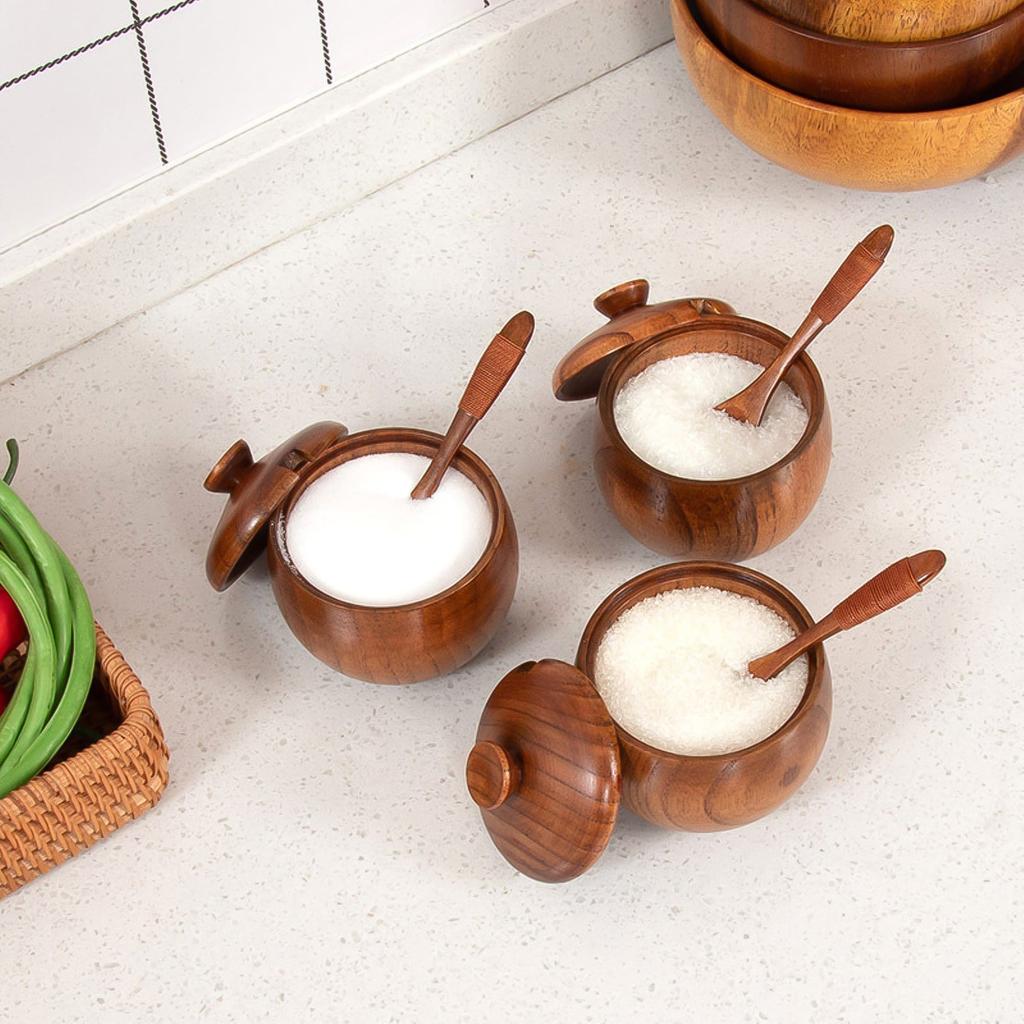 Wooden Salt Cellar Sugar Bowl Pepper Box Salt Seasoning Container Storage Box with Lid and Spoon Wooden Spice Box Spice Jars