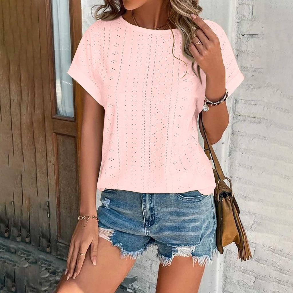 Летняя женская однотонная однотонная плиссированная футболка с коротким рукавом и круглым вырезом, легкая однотонная футболка в уличном стиле, топ