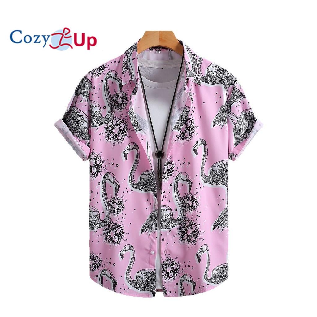 Мужская рубашка с коротким рукавом, розовая рубашка с фламинго для мужчин, повседневная мода, лето 2025, новая рубашка с цветочным принтом