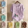 Women's Fashion Flower Prined Round Neck Short Sleeve T-shirt Casual Cotton Linen Graphic Shirt Leisure Loose Summer Blouse Tops