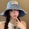 Japanese sticker denim bucket hat women wash old big brim show face small sunshade sunscreen hat