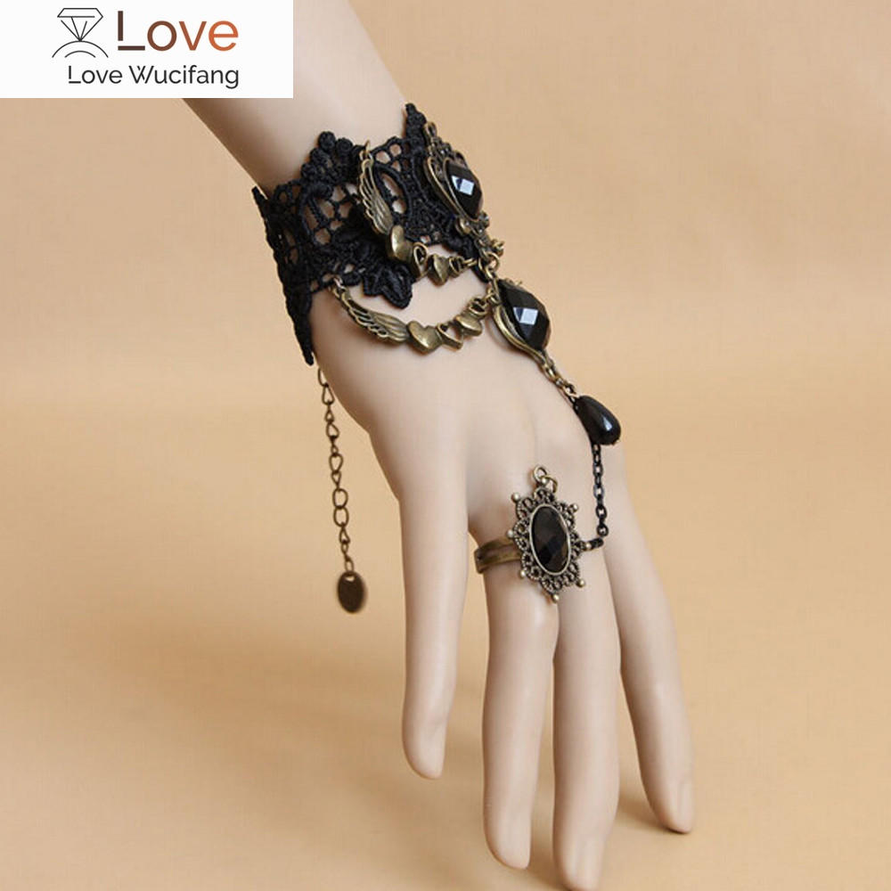 Модный черный кружевной браслет с кольцом на палец, цепочка на руку, элегантный женский браслет, металлический кристалл, подвеска в стиле стимпанк, леди, винтажные ювелирные изделия, подарок