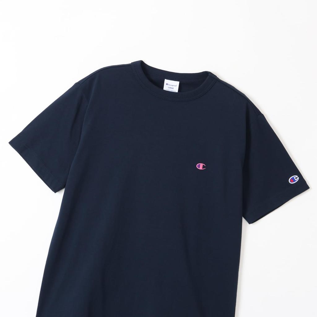 Футболка короткая круглая с логотипом в одну точку, базовая модель L [Champion], рукав, горловина, 100% хлопок, вышивка, C8-X317 Мужская, цвет темно-синий/розовый