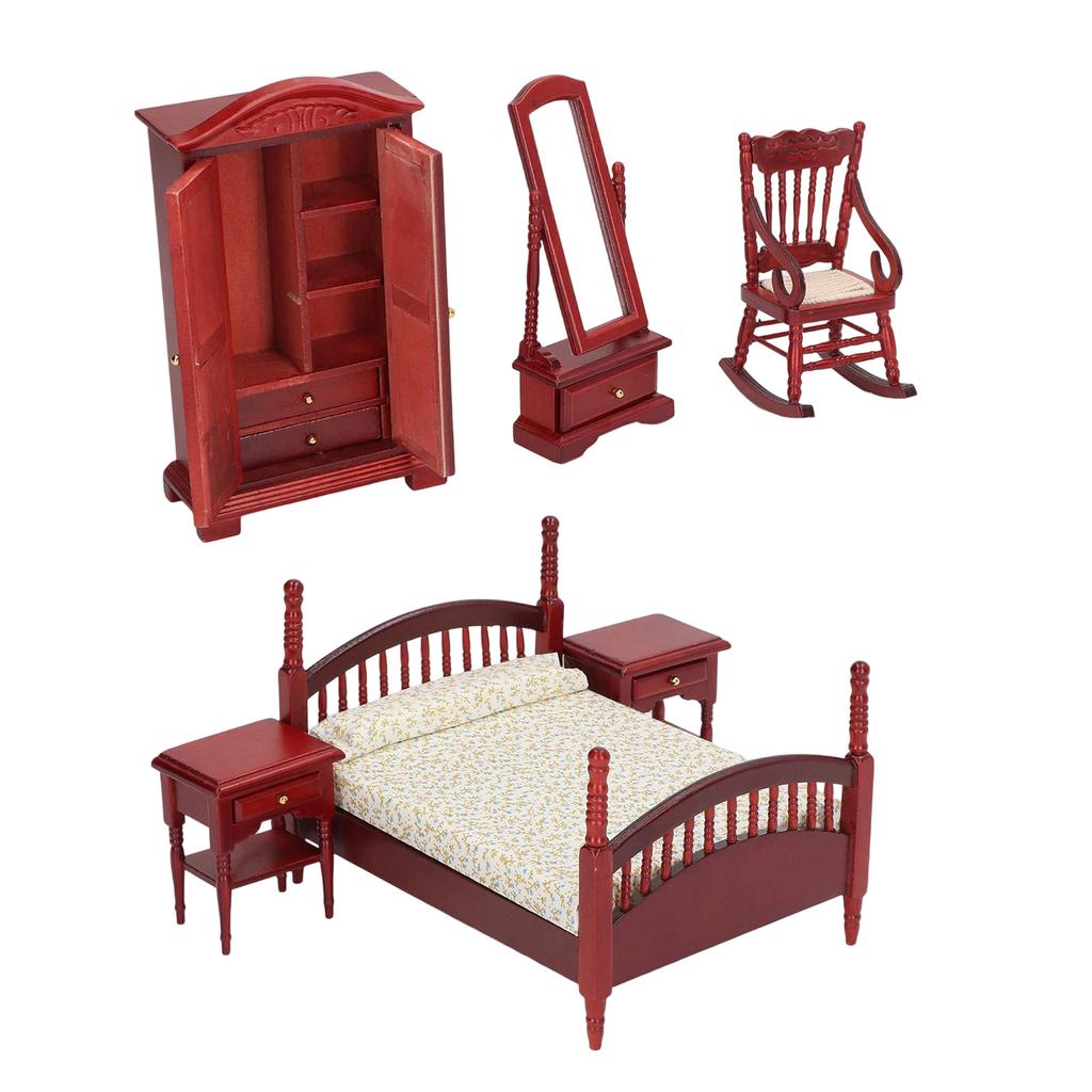 6Pcs Retro Dollhouse Bedroom Furniture Set Handcrafted Wood Miniatures for 1/12 Scale DIY Display