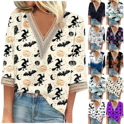 Женская рубашка, блузка, повседневные свободные рубашки, рукава 3/4, кружевная отделка, Хэллоуин, топы с v-образным вырезом и принтом, топы с принтом, футболки, футболки