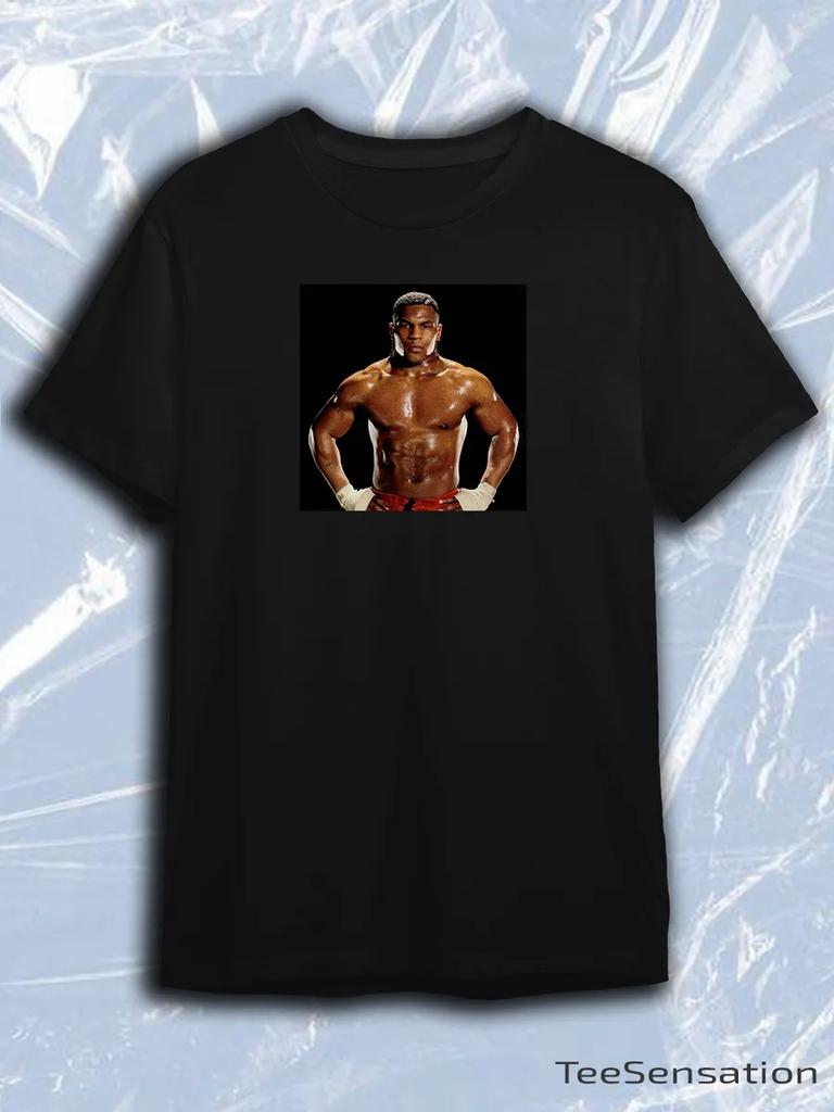 TeeSensation Black Crew Neck Short Sleeve T-Shirt with Mike Tyson Shirtless Muscular Boxer Red Shorts Black Background Portrait Print