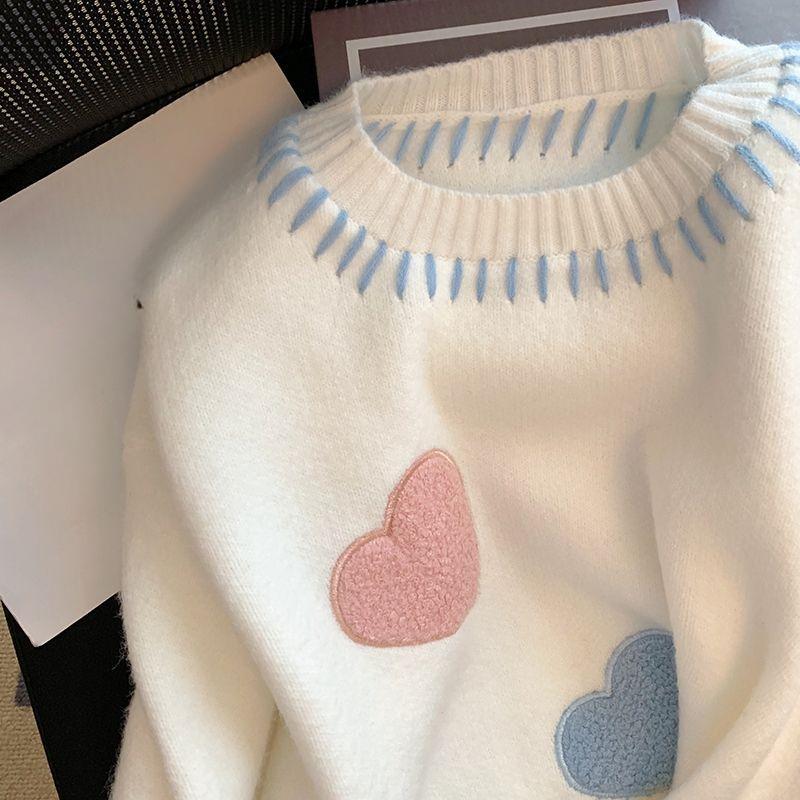 Женский однотонный свитер с узором в форме сердца, круглым вырезом, длинным рукавом, свободный пуловер, женский зимний теплый топ