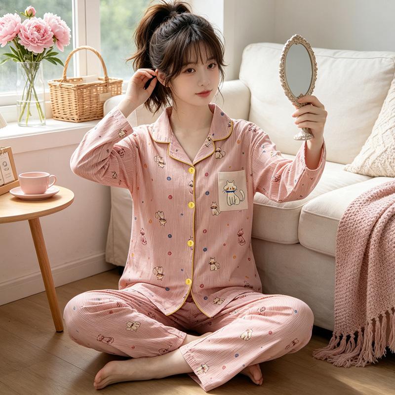 Home Comfortable Cotton Pajamas Women's Autumn Cartoon Striped High-value Homewear Long Sleeve Two-piece Set