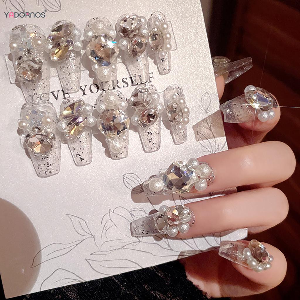 24Pcs Long Ballerina Press On Nails Sparkly Diamond And White Pearl Clear False Nails For Women Bride Wedding