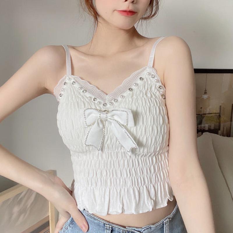 Summer Women's Bow Pleated Mesh Vest with New Suspender and Chest Pad Top, Fashionable and Elegant Summer Women's Clothing