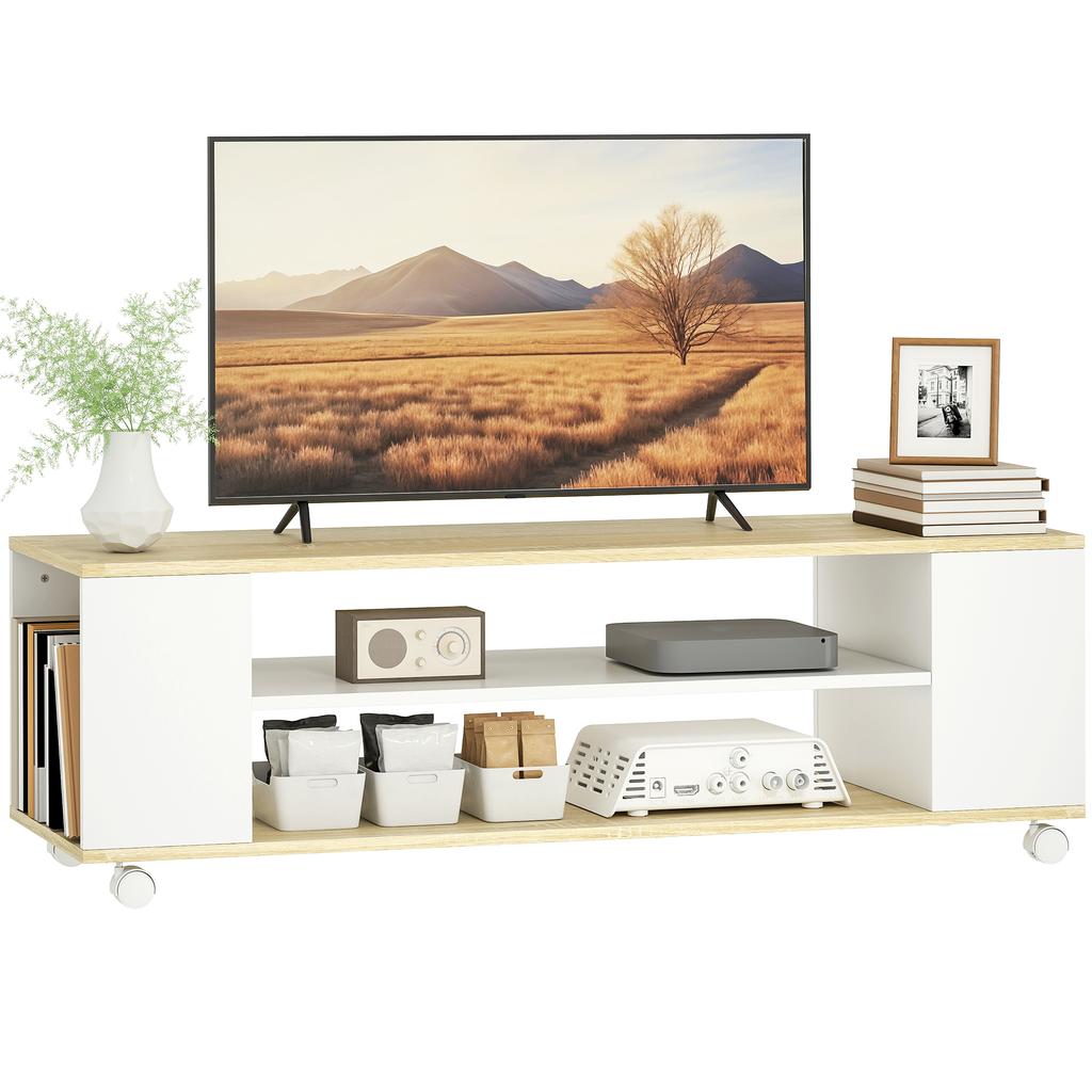 TV Cabinet With Wheels 120 Cm TV Stand For TVs Up To 55 Inches 2 Open Shelves White And Natural
