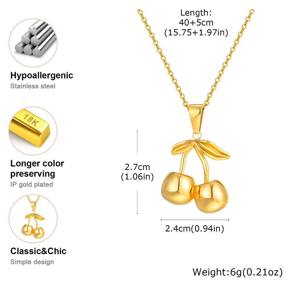Gold Plated Cherry Pendant Necklace for Women, Cute Fruits Pendant Necklace, Stainless Steel Nickel-free