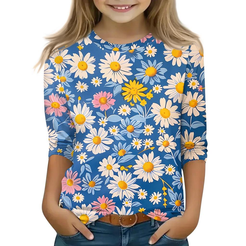 Детская футболка с рукавом 3/4, повседневная футболка с принтом, круглый вырез, блузка-пуловер