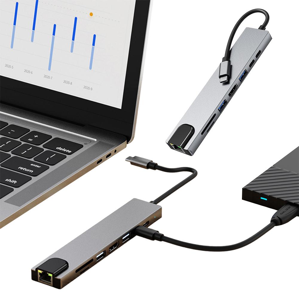 8-in-1 USB C Hub 5Gbps USB 3.0 2.0 Data Port USB-C Dongle SD TF Card Reader RJ45 Ethernet Port for Macbook Laptop PC Accessories