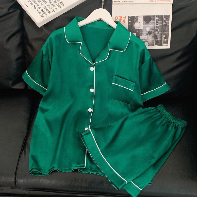 Solid Color Ice Silk Pajamas Women'S Summer Thin Foreign Style High-Value Short-Sleeved Loungewear Two-Piece Set Can Be Worn Outside