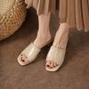 Fashion New Square Toe Chunky Heel Solid Color Retro Sandals Cow Leather Slippers Thick Heels Sandals Shoes Woman Slides
