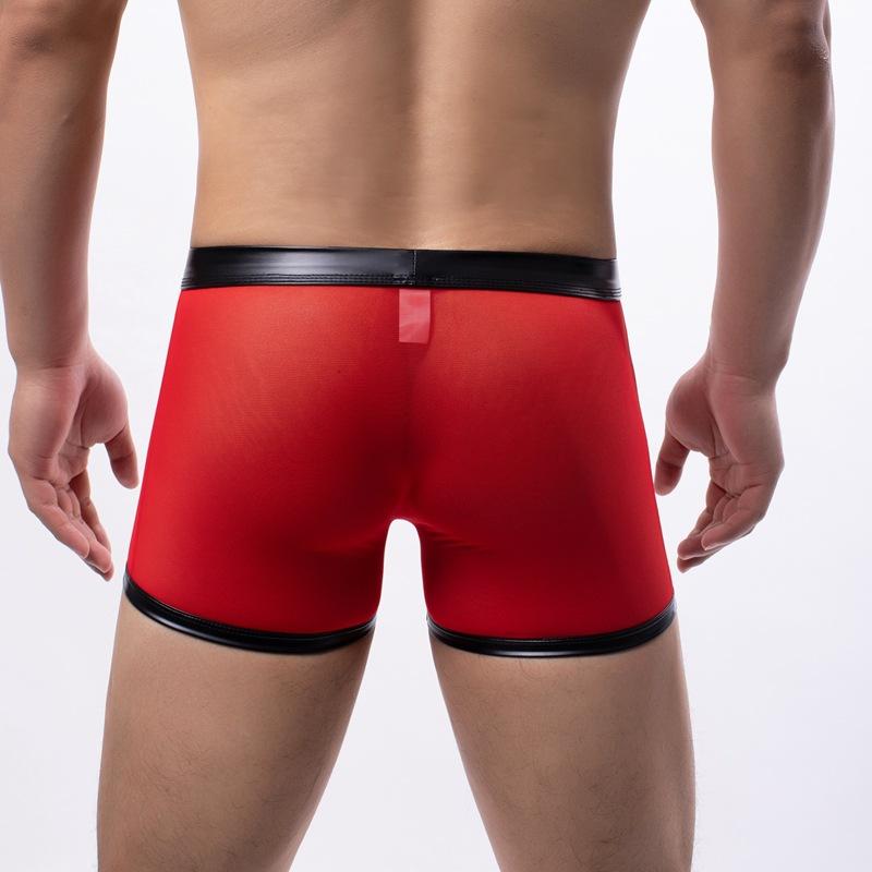 Low Waist Hollow Out Erotic Lingerie Sexy Mens Underwear Man Clothing Patent Leather Red Sheer Mesh Pouch Low Waist Briefs