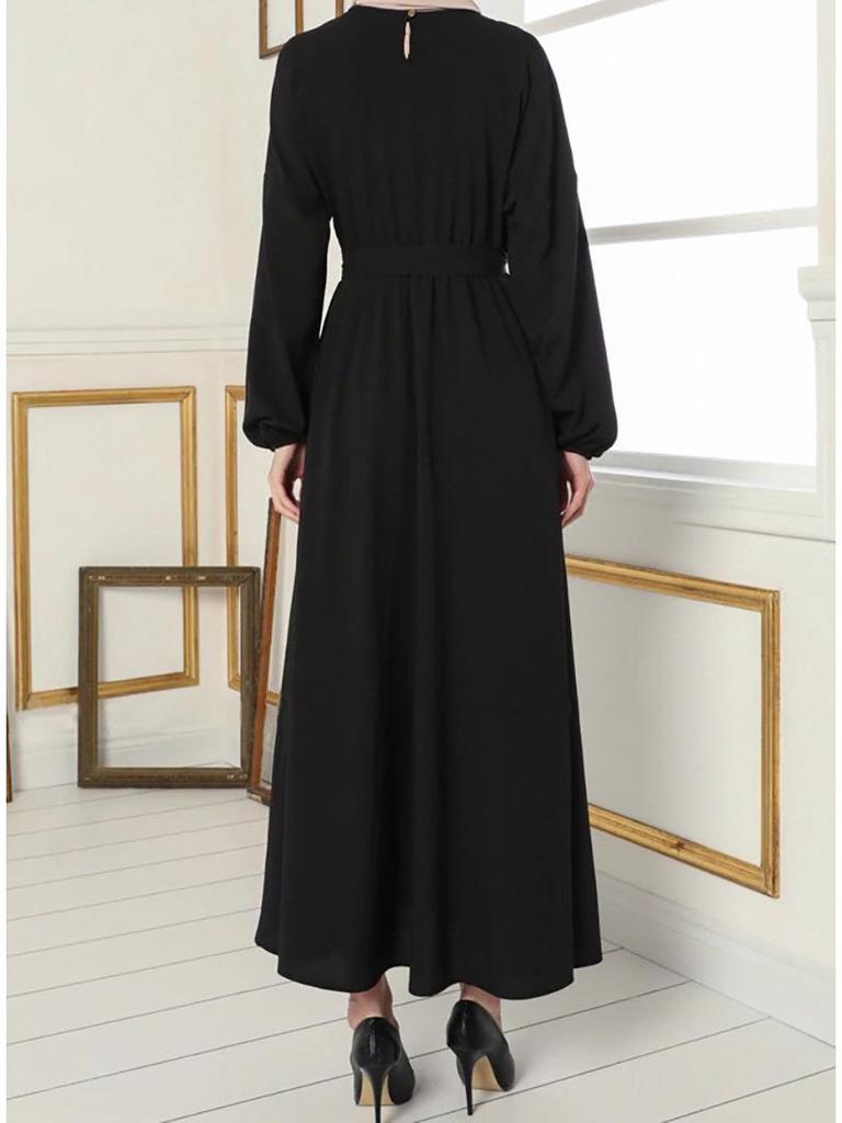 2022 Muslim Women's Solid Color Slim Tie-up Long Dress - Middle Eastern Dubai Fashion