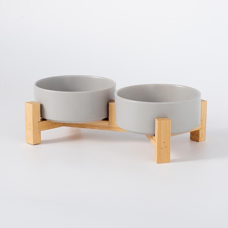 Керамическая миска для корма домашних животных с приподнятой бамбуковой подставкой - Антиопрокидывающаяся конструкция для собак и кошек, Защищает шейный отдел позвоночника