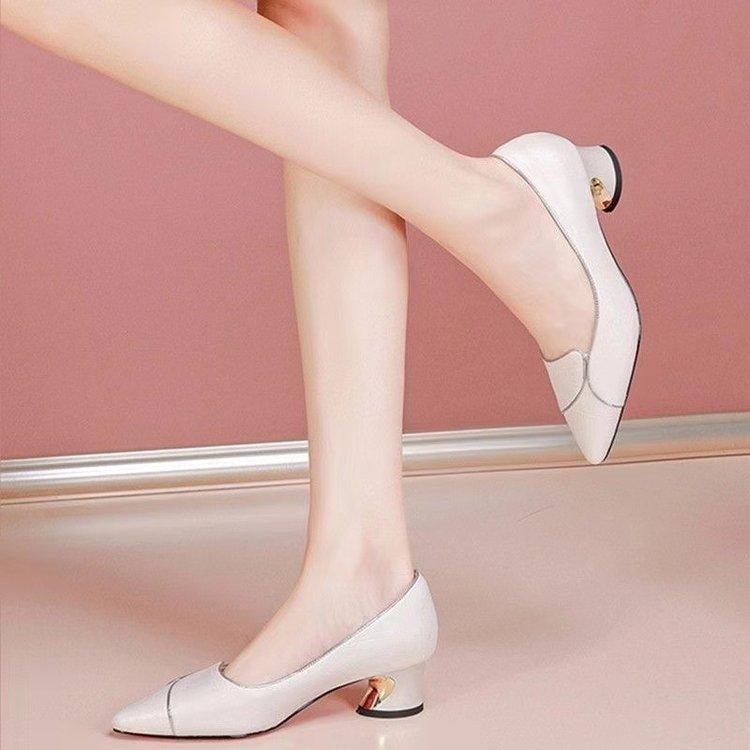 Shallow Single Shoes Women's Spring 2025 New Fashion Versatile Low-heeled Work Shoes Thick Heel Pointed Thick Heel Leather Shoes Women
