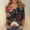 Women's Tops Three-quarter Sleeve Shirt V-neck Loose Casual Shirt Floral Print T-shirt
