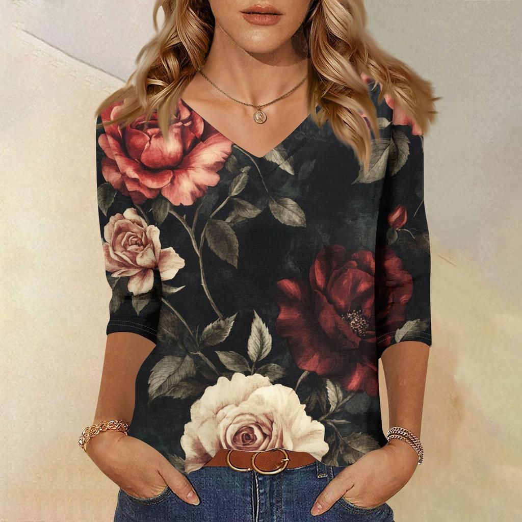 Women's Tops Three-quarter Sleeve Shirt V-neck Loose Casual Shirt Floral Print T-shirt