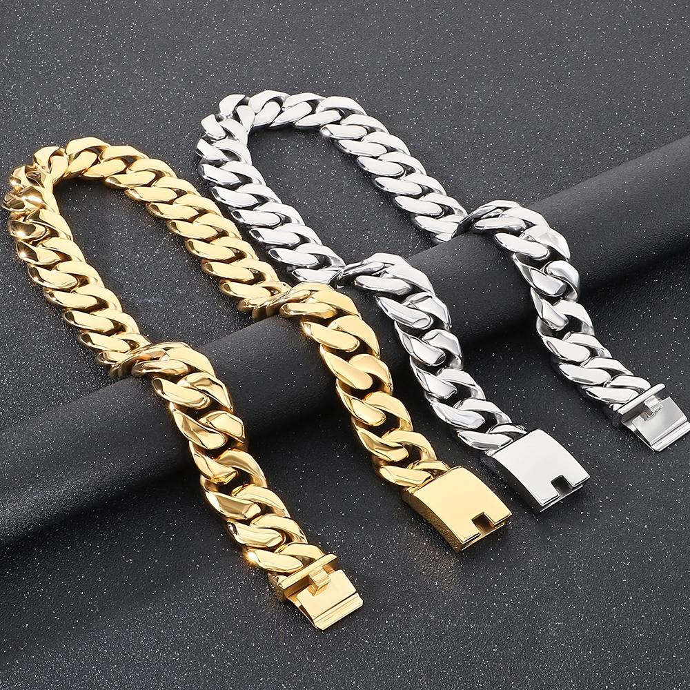 22/60CM 24MM Cuban Chain Bracelet Necklace For Men Hip-Hop Cool Black Gold Color Stainless Steel Necklaces Jewellery Accessories