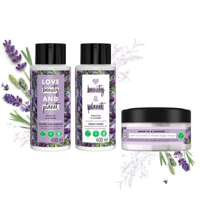 Love Beauty And Planet Natural Argan Oil and Lavender Anti-Frizz, Разглаживающая комбинация - шампунь, кондиционер и маска (400мл+400мл+200мл)