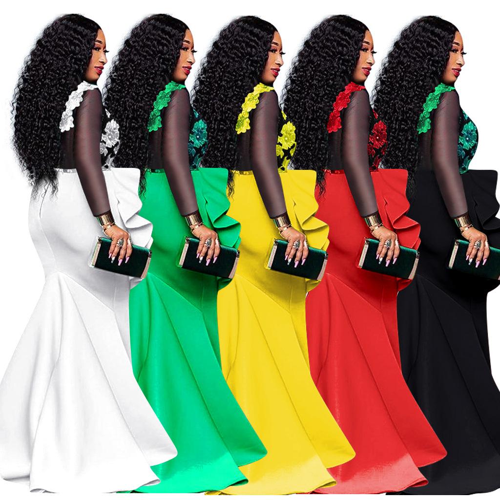 Платье большого размера 2025 новое женское кружевное сетчатое платье с оборками по краю платье вечернее платье