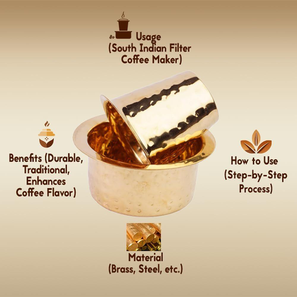 Латунная чашка для кофе Давара/Дабара и стакан для подачи фильтрованного кофе/чая/Традиционная кумбаконамовская дабара латунная дабара - | Кованая матовая - 150 мл (Набор из 4)