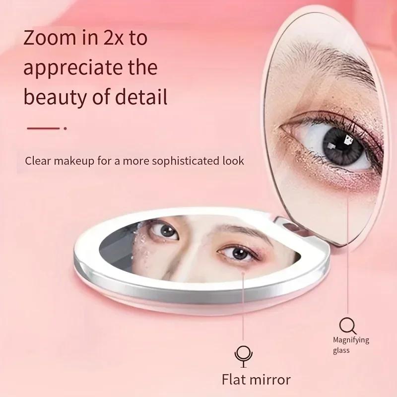 Portable LED Travel Makeup Mirror with 2X Magnification and Three Level Dimming - Double Sided, Handheld, Compact and Folding