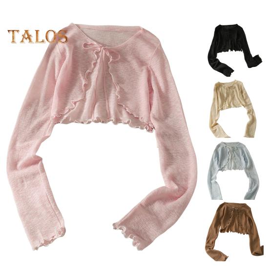 Солнцезащитный трикотажный кардиган для женщин с завязками спереди, длинными рукавами, прозрачной сеткой, пляжной накидкой с оборками и тонкими рубашками с защитой от ультрафиолета