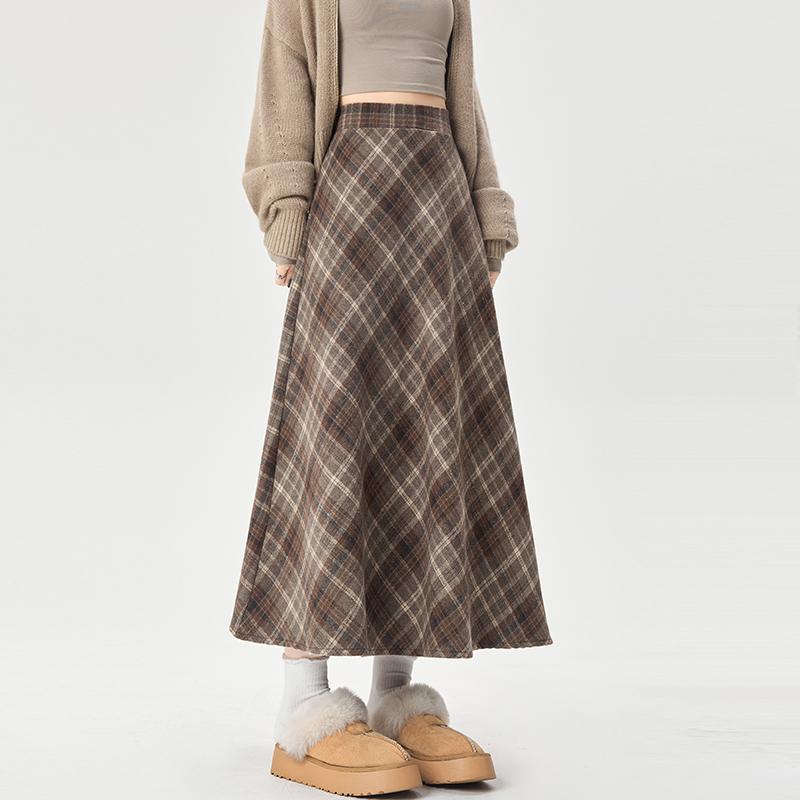 Women Plaid Skirt High Waist Vintage Wool A Line Loose Mid Length for Fall Winter