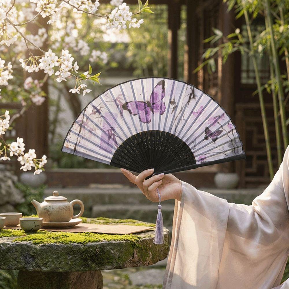 Chinese Style Retro Bamboo Fan Butterfly Pattern Dance Fan Portable Handheld Fan Home Decoration