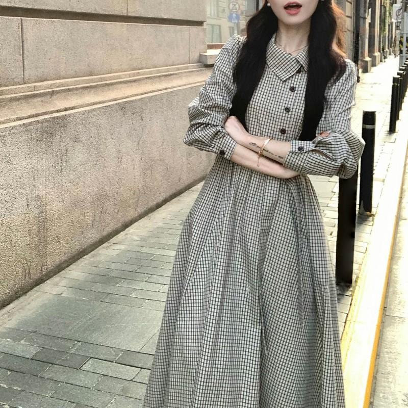 Vintage Plaid Long Sleeve A-Line Dress With Collar Waist Tie High-Waisted Cotton Midi